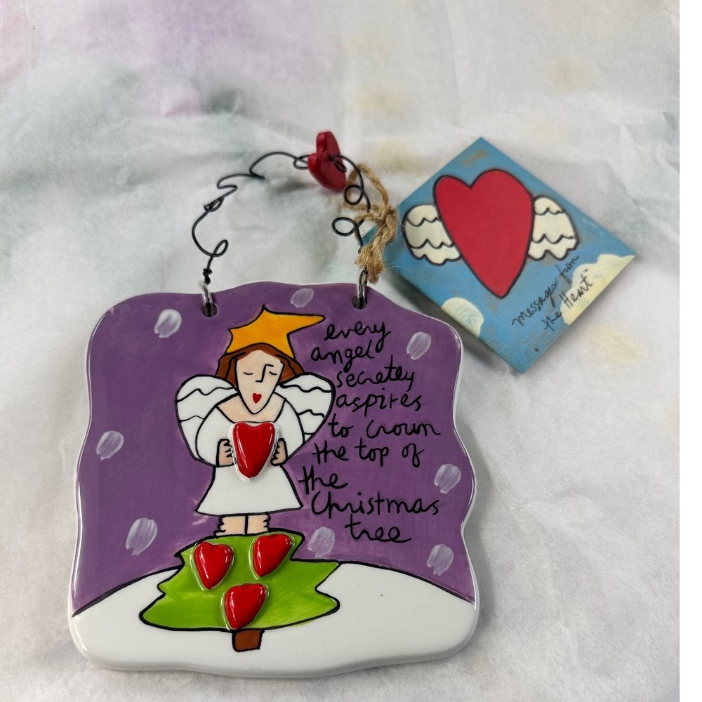 Sandra Magsamen Silvestri Ceramic Angel Christmas Tree Ornament Purple Heart Tag